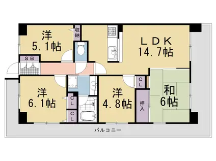 東海道本線 山崎駅(京都) 徒歩10分 8階建 築29年(4LDK/4階)の間取り写真