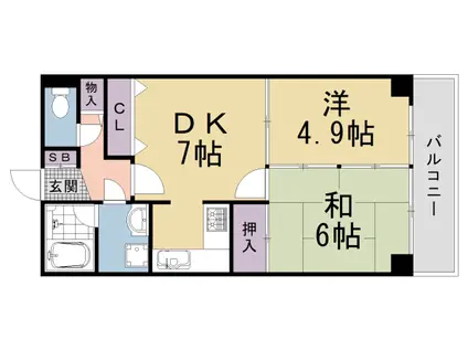 山陰本線 円町駅 徒歩7分 6階建 築38年(2DK/3階)の間取り写真