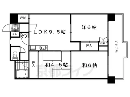 山陰本線 円町駅 徒歩6分 4階建 築43年(3DK/3階)の間取り写真
