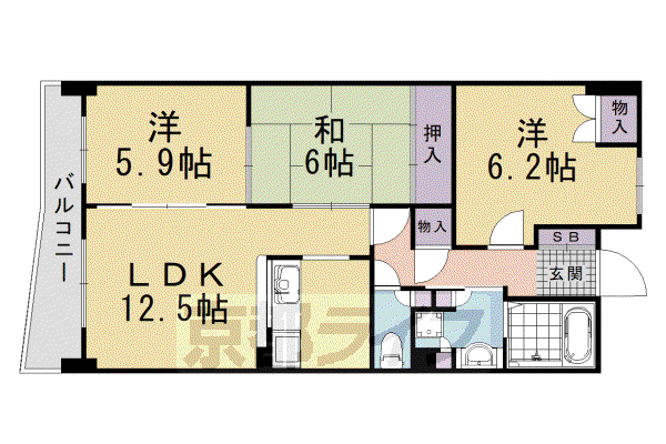 阪急電鉄京都線 西京極駅 徒歩14分 6階建 築25年(3LDK/4階)の間取り写真