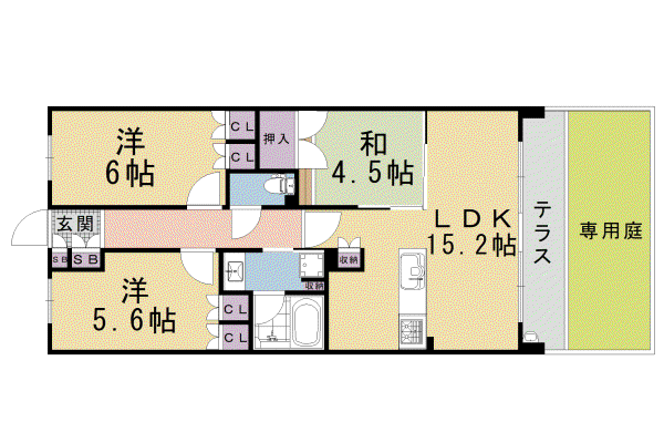 メロディハイム西大路デュオ ブラン(3LDK/1階)の間取り写真