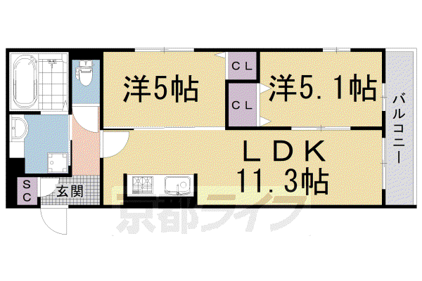 阪急電鉄京都線 西京極駅 徒歩11分 3階建 築4年(2LDK/3階)の間取り写真