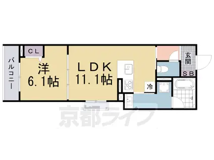 東海道本線 山科駅 徒歩9分 3階建 築4年(1LDK/2階)の間取り写真