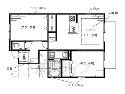 エルメゾン伏見 D棟(2LDK/1階)の間取り写真