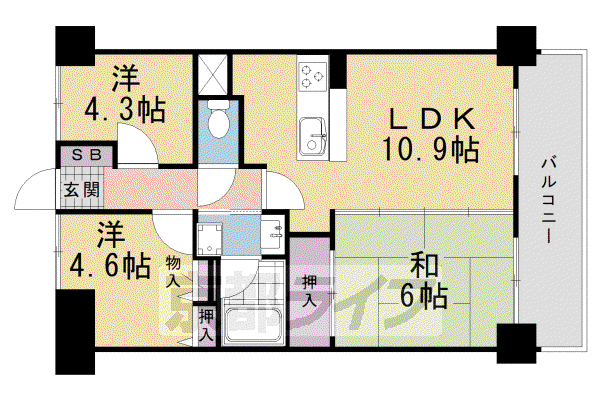 京阪電気鉄道京阪線 淀駅 徒歩7分 9階建 築31年(3LDK/4階)の間取り写真