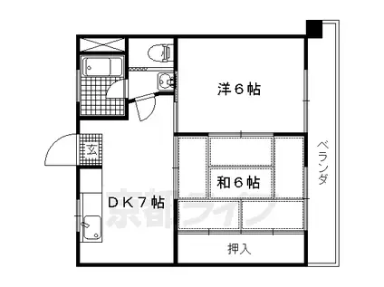京福北野線 北野白梅町駅 徒歩10分 3階建 築44年(2DK/2階)の間取り写真