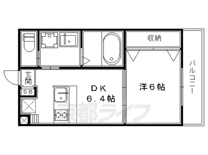 京福北野線 北野白梅町駅 徒歩37分 3階建 築13年(1DK/2階)の間取り写真