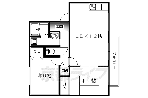 近鉄京都線 寺田駅(京都) 徒歩13分 2階建 築27年(2LDK/2階)の間取り写真