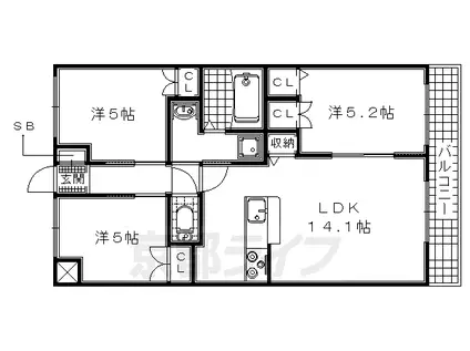 奈良線 新田駅(京都) 徒歩17分 2階建 築14年(3LDK/1階)の間取り写真