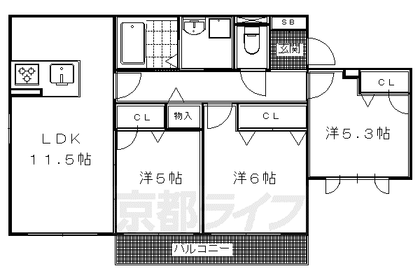 京都市烏丸線 松ケ崎駅(京都) 徒歩6分 2階建 築17年(3LDK/2階)の間取り写真