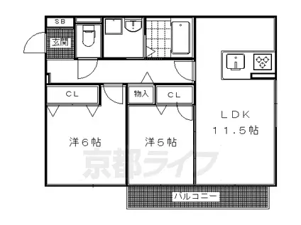 京都市烏丸線 松ケ崎駅(京都) 徒歩6分 2階建 築16年(2LDK/2階)の間取り写真