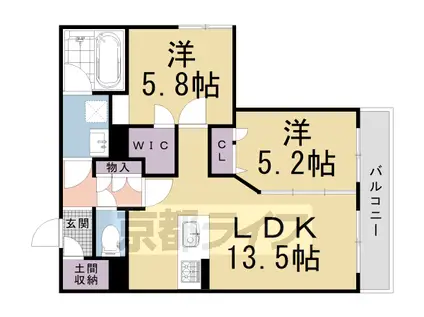 京都市烏丸線 松ケ崎駅(京都) 徒歩2分 2階建 築4年(2LDK/1階)の間取り写真