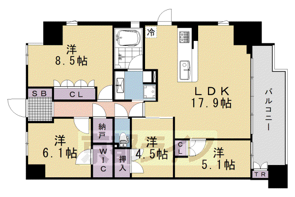 東海道本線 桂川駅(京都) 徒歩2分 15階建 築11年(4LDK/5階)の間取り写真