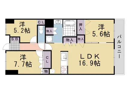 東海道本線 桂川駅(京都) 徒歩2分 15階建 築11年(3LDK/8階)の間取り写真
