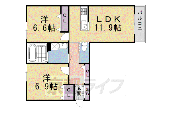 阪急電鉄嵐山線 上桂駅 徒歩7分 3階建 築11年(2LDK/1階)の間取り写真