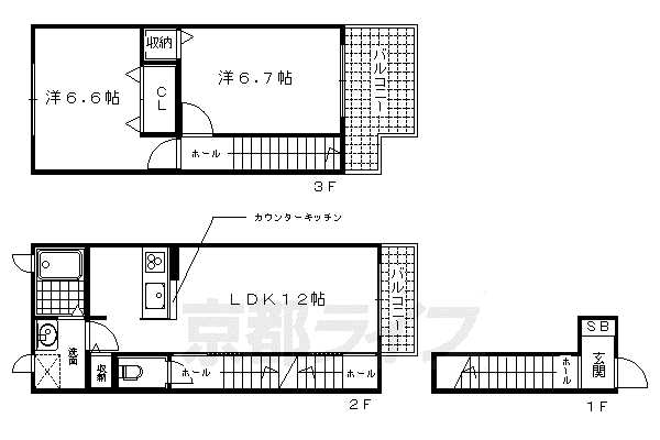 山陰本線 円町駅 徒歩5分 3階建 築16年(2LDK/2階)の間取り写真