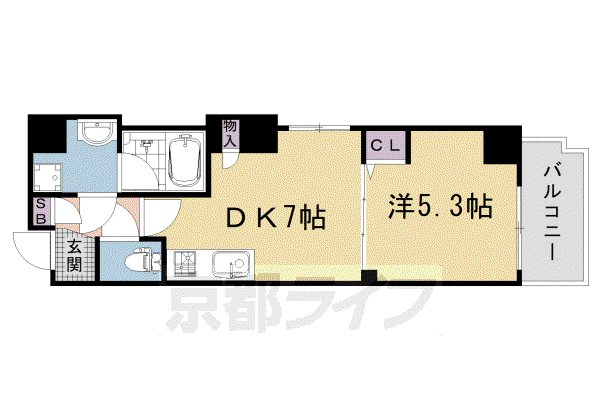 山陰本線 円町駅 徒歩5分 7階建 築14年(1DK/2階)の間取り写真