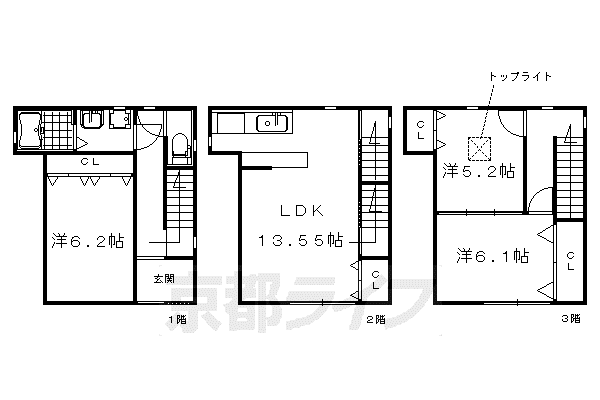 山陰本線 二条駅 徒歩3分 3階建 築19年(3LDK)の間取り写真
