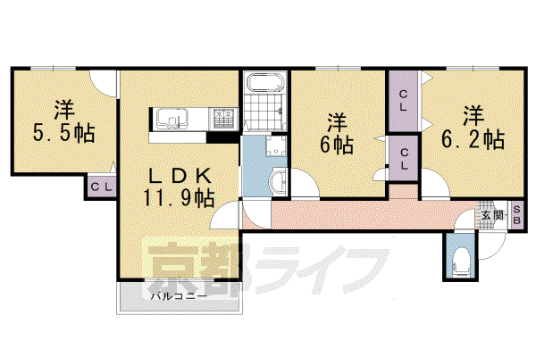 京福北野線 宇多野駅 徒歩33分 2階建 築12年(3LDK/2階)の間取り写真