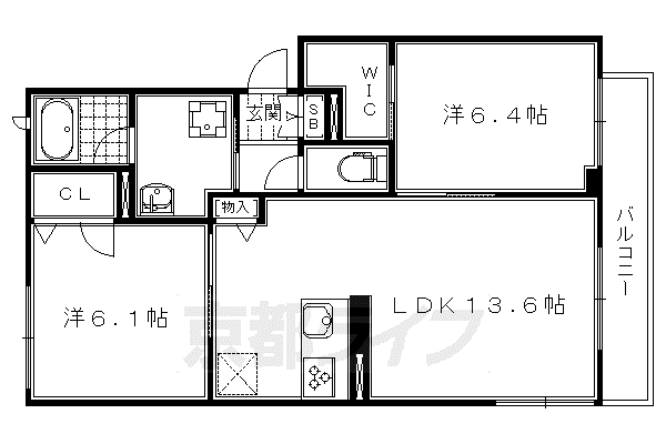 阪急電鉄京都線 西院駅(阪急) 徒歩10分 3階建 築8年(2LDK/1階)の間取り写真