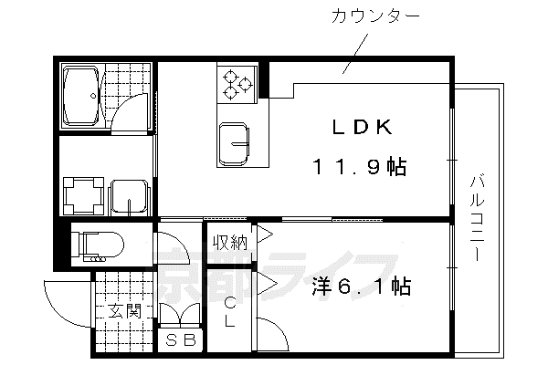 京都市東西線 太秦天神川駅 徒歩22分 3階建 築7年(1LDK/2階)の間取り写真