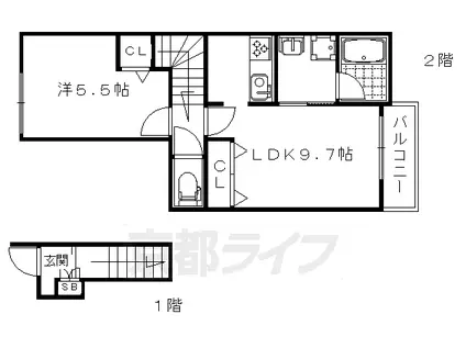 山陰本線 丹波口駅 徒歩9分 3階建 築6年(1LDK/2階)の間取り写真