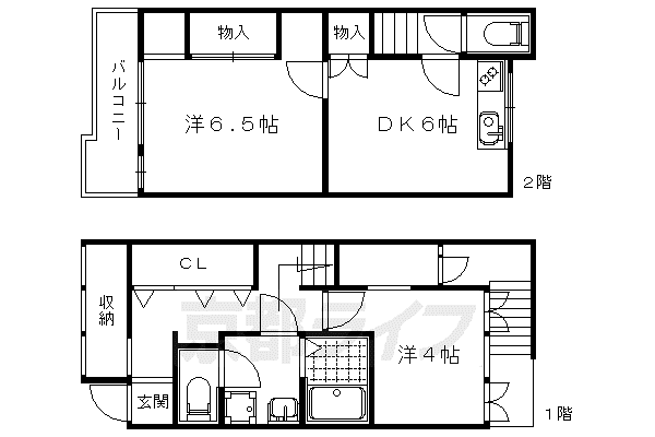 山陰本線 円町駅 徒歩3分 2階建 築45年(2DK)の間取り写真