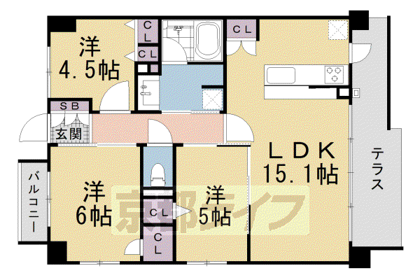 東海道本線 西大路駅 徒歩8分 7階建 築6年(3LDK/1階)の間取り写真
