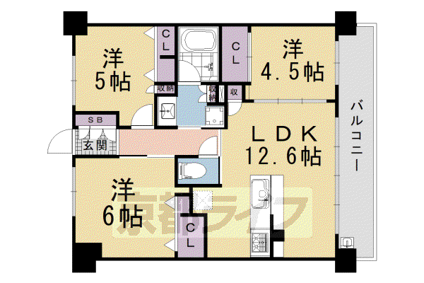 東海道本線 西大路駅 徒歩8分 7階建 築6年(3LDK/4階)の間取り写真