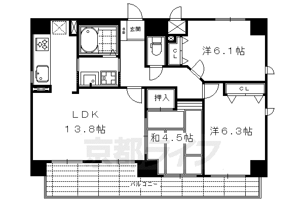 京都市東西線 烏丸御池駅 徒歩7分 10階建 築27年(3LDK/2階)の間取り写真
