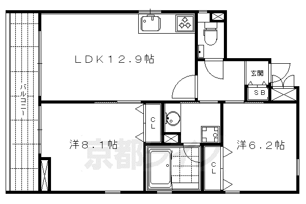 京都市烏丸線 五条駅(京都市営) 徒歩8分 5階建 築16年(2LDK/4階)の間取り写真