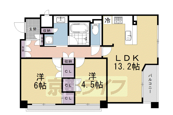 京都市烏丸線 烏丸御池駅 徒歩4分 10階建 築16年(2LDK/9階)の間取り写真