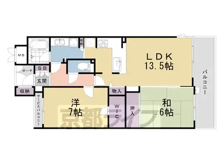 京都市烏丸線 烏丸御池駅 徒歩5分 15階建 築22年(2LDK/13階)の間取り写真