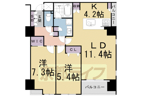 京都市烏丸線 烏丸御池駅 徒歩4分 11階建 築14年(2LDK/6階)の間取り写真