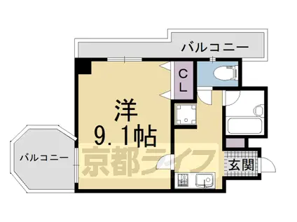 京都市烏丸線 四条駅(京都市営) 徒歩5分 10階建 築26年(1K/9階)の間取り写真