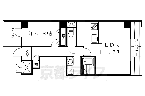 京都市烏丸線 烏丸御池駅 徒歩7分 5階建 築13年(1LDK/2階)の間取り写真