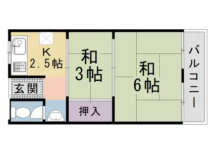 山陰本線 丹波口駅 徒歩9分 2階建 築43年(2K/2階)の間取り写真
