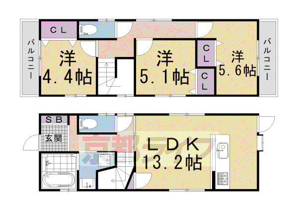 京都市烏丸線 北大路駅 徒歩10分 2階建 築5年(3LDK)の間取り写真
