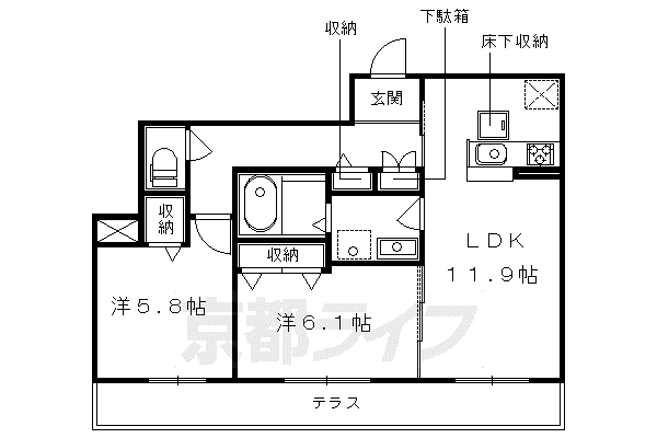 京都市烏丸線 松ケ崎駅(京都) 徒歩1分 3階建 築10年(2LDK/1階)の間取り写真