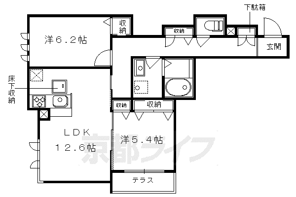 京都市烏丸線 松ケ崎駅(京都) 徒歩1分 3階建 築10年(2LDK/1階)の間取り写真