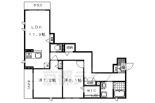 京都市東西線 石田駅(京都市営) 徒歩13分 3階建 築11年(2LDK/1階)の間取り写真