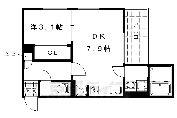 東海道本線 山科駅 徒歩13分 3階建 築9年(1DK/3階)の間取り写真