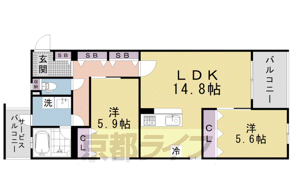 京都市烏丸線 烏丸御池駅 徒歩7分 3階建 築9年(2LDK/2階)の間取り写真
