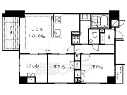 京都市烏丸線 丸太町駅(京都市営) 徒歩7分 5階建 築6年(3LDK/3階)の間取り写真