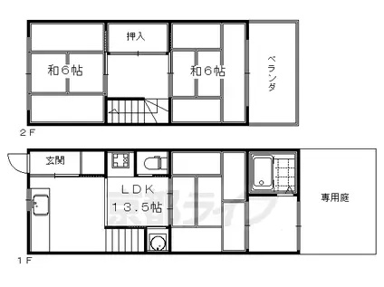 京都市烏丸線 烏丸御池駅 徒歩6分 2階建 築76年(2LDK)の間取り写真