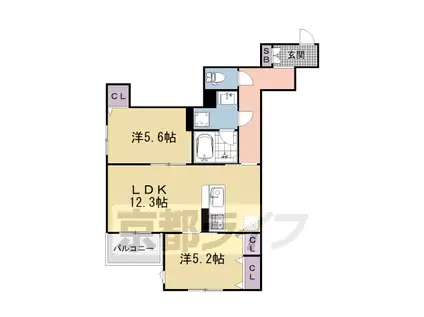 山陰本線 丹波口駅 徒歩9分 4階建 築5年(2LDK/2階)の間取り写真