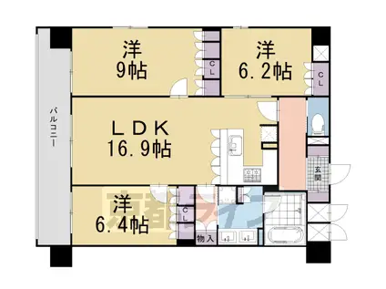 京都市東西線 二条城前駅 徒歩1分 4階建 築5年(3LDK/4階)の間取り写真