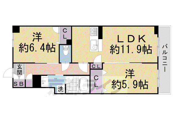 阪急電鉄京都線 大宮駅(京都) 徒歩5分 3階建 築5年(2LDK/2階)の間取り写真