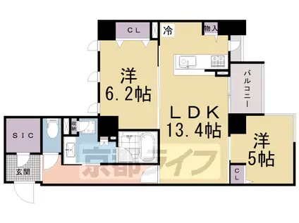 京都市烏丸線 烏丸御池駅 徒歩4分 5階建 築5年(2LDK/4階)の間取り写真