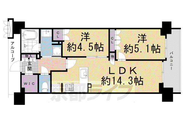 山陰本線 二条駅 徒歩6分 7階建 築5年(2LDK/3階)の間取り写真